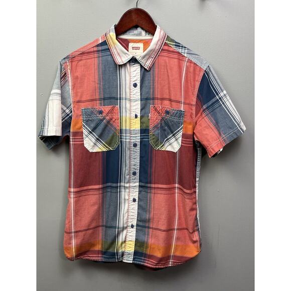 Levis Shirt Mens Medium Short Sleeve Western Button Front Red Blue Plaid Check‎ - Picture 1 of 6